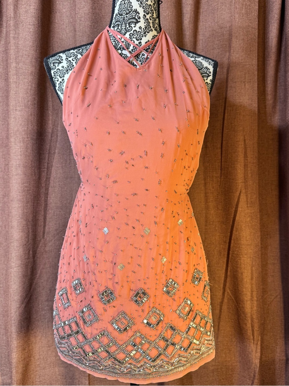 White House Black Market Coral Geometric Beaded Strappy Mini Dress size XXS​